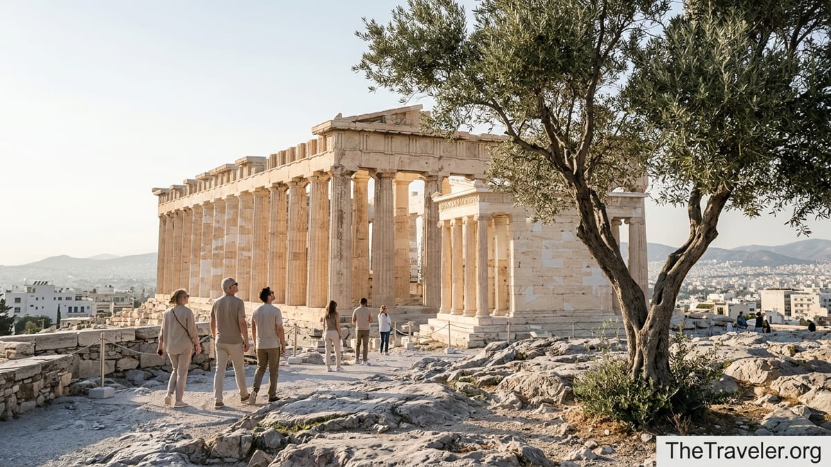 View of the Parthenon and Temple of Athena Nike above an olive tree on the Acropolis at sunset.