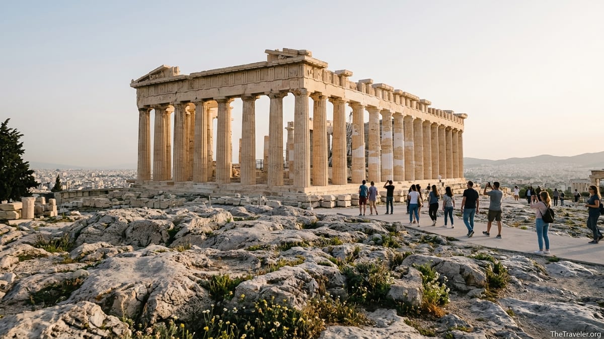 Golden-hour view of the Parthenon on the Acropolis with visitors walking below the columns.