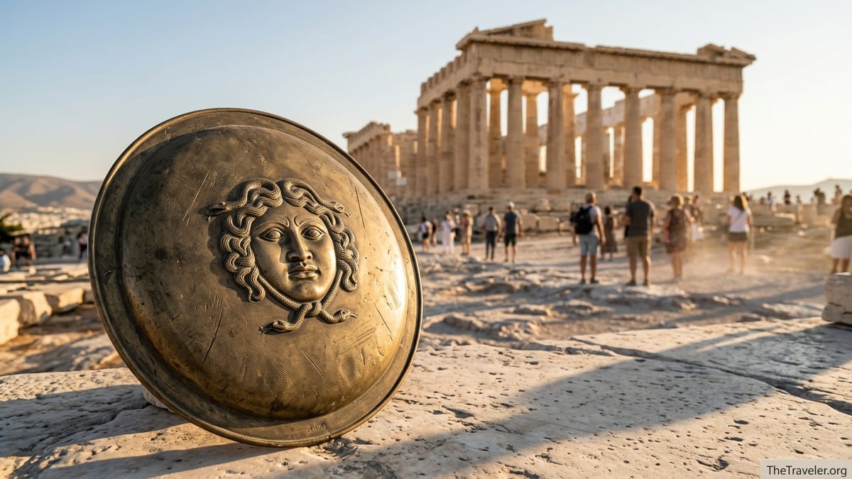 Bronze shield with engraved Gorgon head on Acropolis marble with Parthenon behind at sunset.