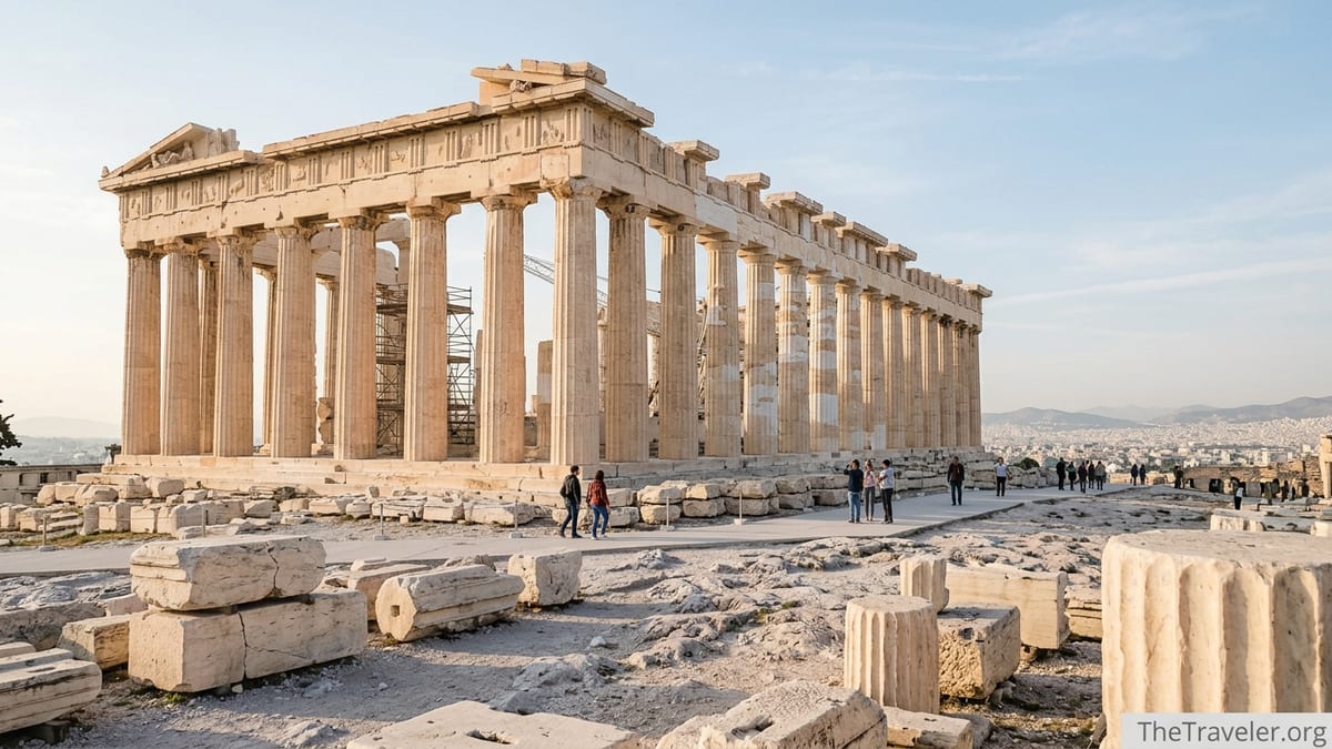 Golden hour view of the Parthenon on the Acropolis with visitors and Athens in the distance.