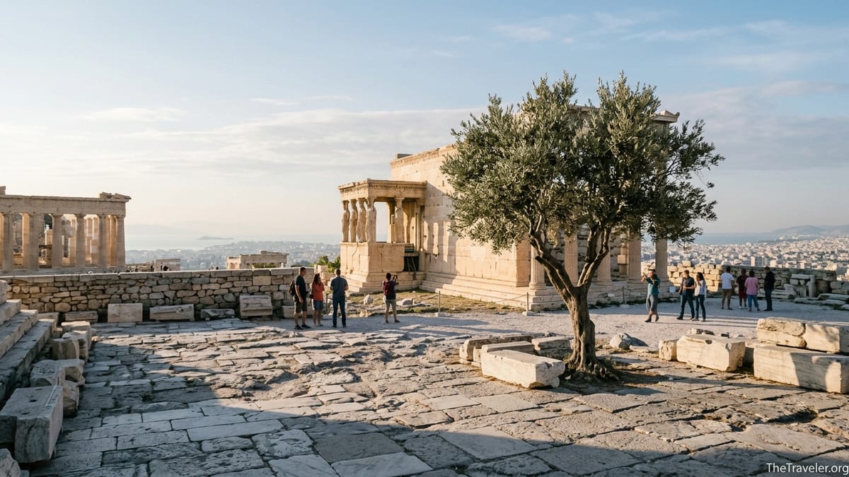 Olive tree beside the Erechtheion on the Acropolis at sunrise, overlooking Athens.