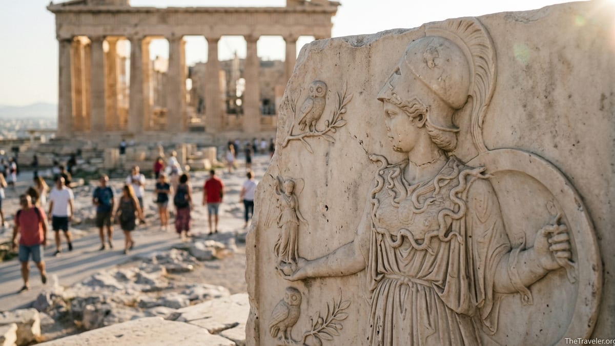Marble relief of helmeted Athena with shield and aegis on the Acropolis at sunset.