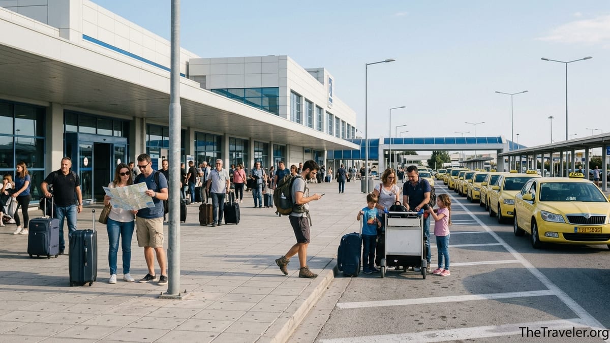 Travelers exiting Athens International Airport arrivals to yellow taxis and buses under a clear sky.