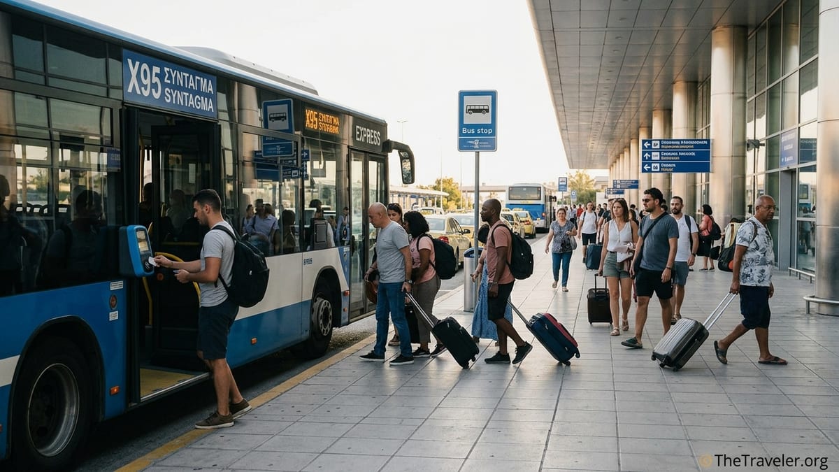 Travelers boarding the X95 airport express bus outside Athens International Airport at sunset.