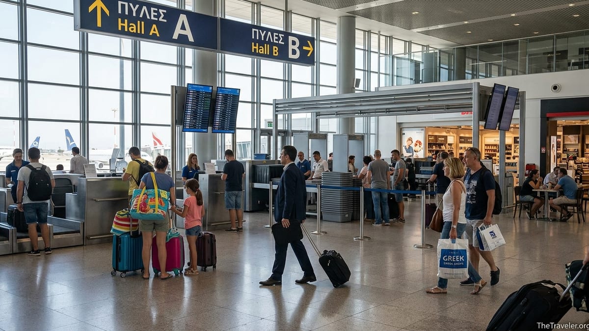 Departing passengers queuing for security inside Athens International Airport departures hall.