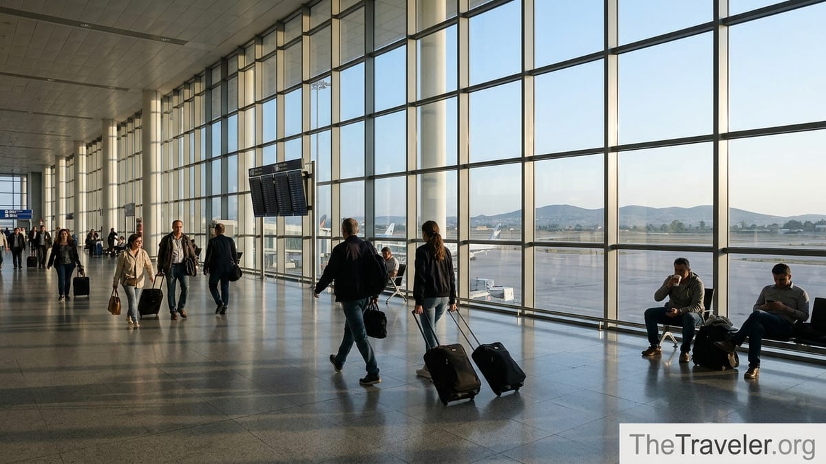 Travelers inside Athens International Airport terminal at dawn near large windows overlooking parked aircraft.