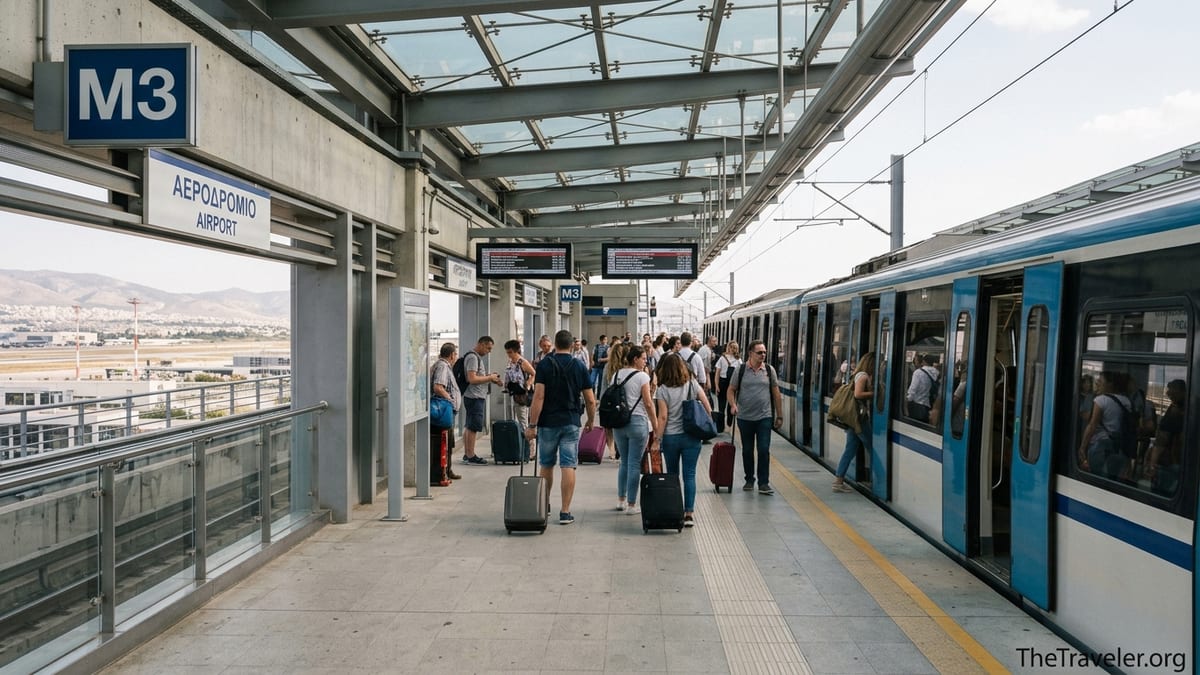 Passengers with luggage boarding Athens Metro Line 3 train at Athens Airport station platform.