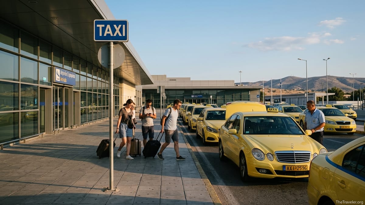 Travelers queue at the official yellow taxi rank outside Athens International Airport at sunset.
