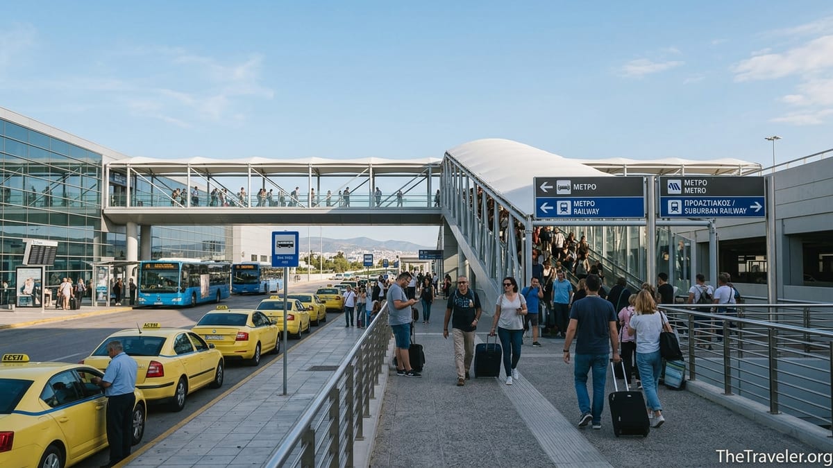 Travelers exiting Athens Airport toward metro station and taxi rank on a sunny day.