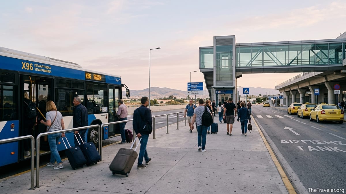 Travelers boarding the X96 bus and heading to the train station at Athens Airport at sunrise.