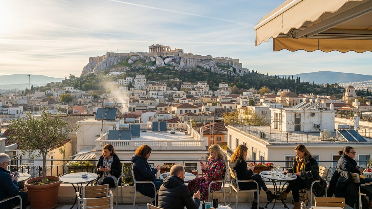 Elevated view of Athens' cityscape with locals at café and the Acropolis in distance. 
