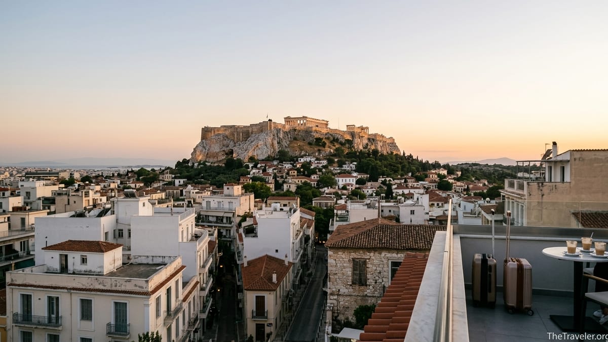 View over Athens rooftops toward the Acropolis at golden hour from a terrace with luggage and a cafe table.