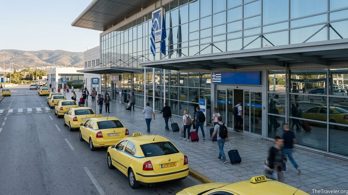 Exterior of Athens International Airport with yellow taxis and travelers at the terminal curb.