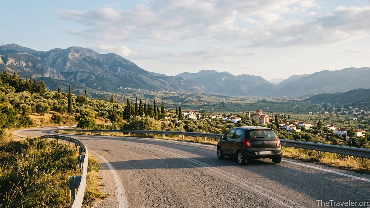 Mountain road in mainland Greece curving above olive groves and distant peaks under soft afternoon light.