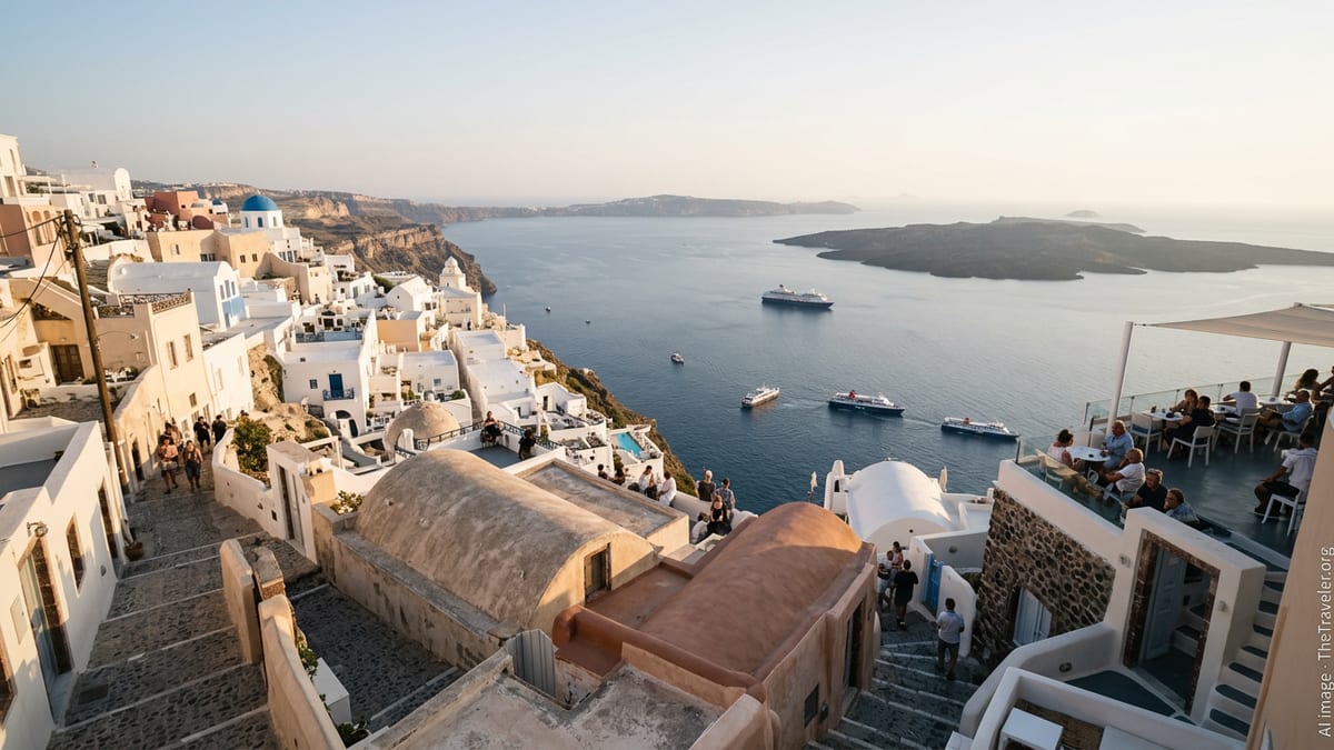 Santorini cliffside village at sunset with cruise ship and ferries on the Aegean Sea.