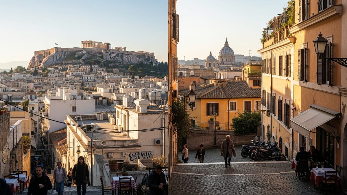 Split view of Athens and Rome showcasing daily life and iconic landmarks. 