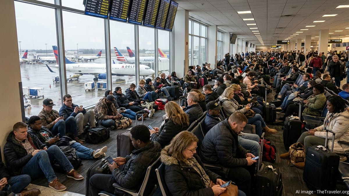 Crowded Atlanta airport concourse with delayed flights board and travelers waiting.