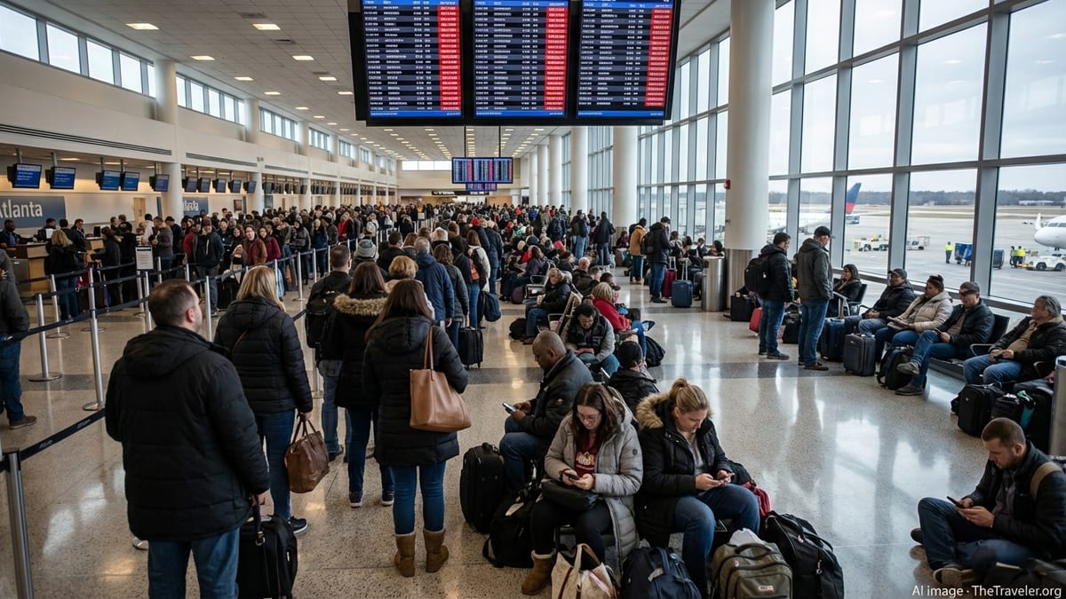 Crowded Atlanta airport terminal with passengers stranded under boards showing flight delays and cancellations.