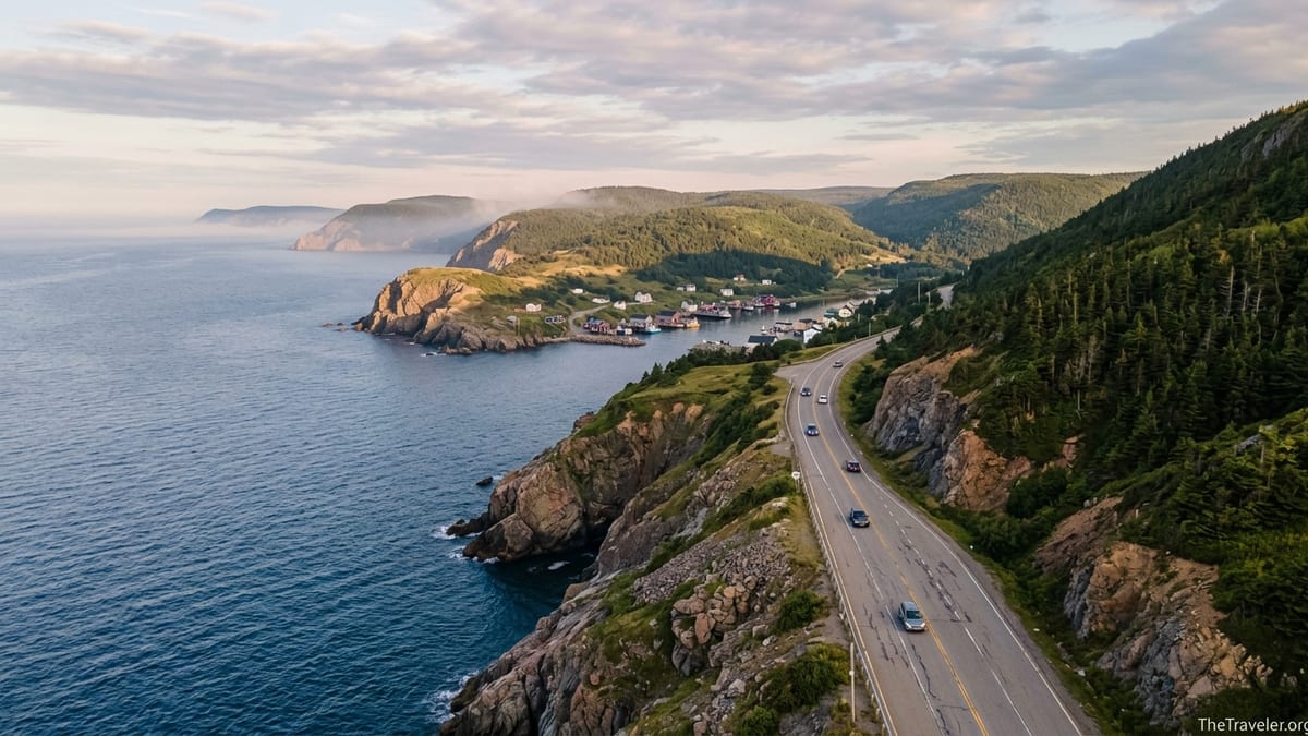 A winding coastal road in Atlantic Canada curves along forested cliffs above a deep blue ocean at sunset.