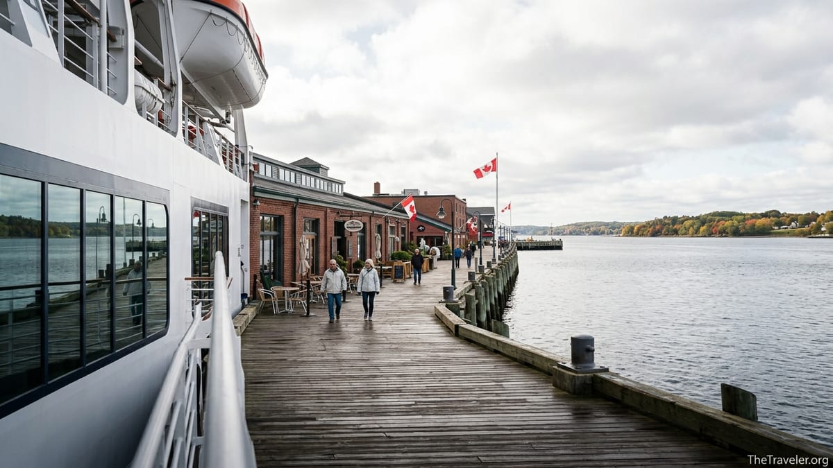 Cruise ship docked beside Halifax waterfront boardwalk on a cool autumn day.