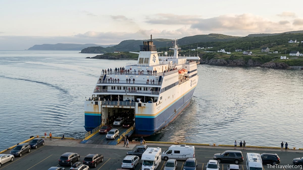 Marine Atlantic ferry departing North Sydney with vehicles lined up on the pier at sunset