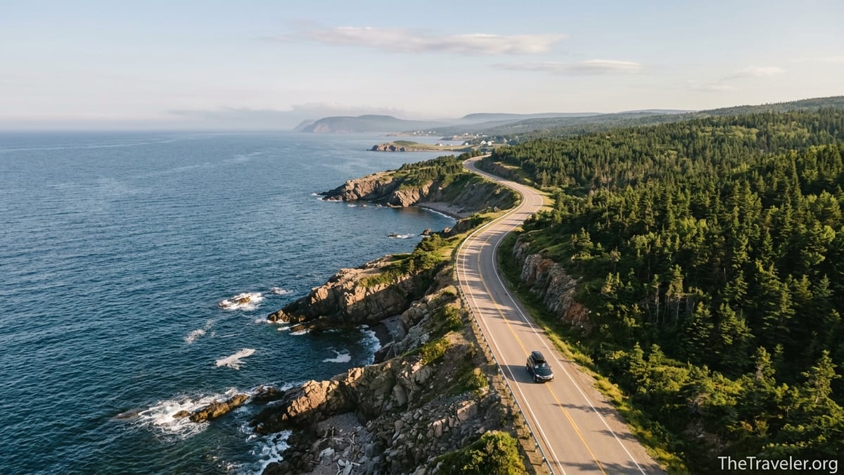 A coastal highway curves along cliffs above the ocean in Cape Breton, Nova Scotia.