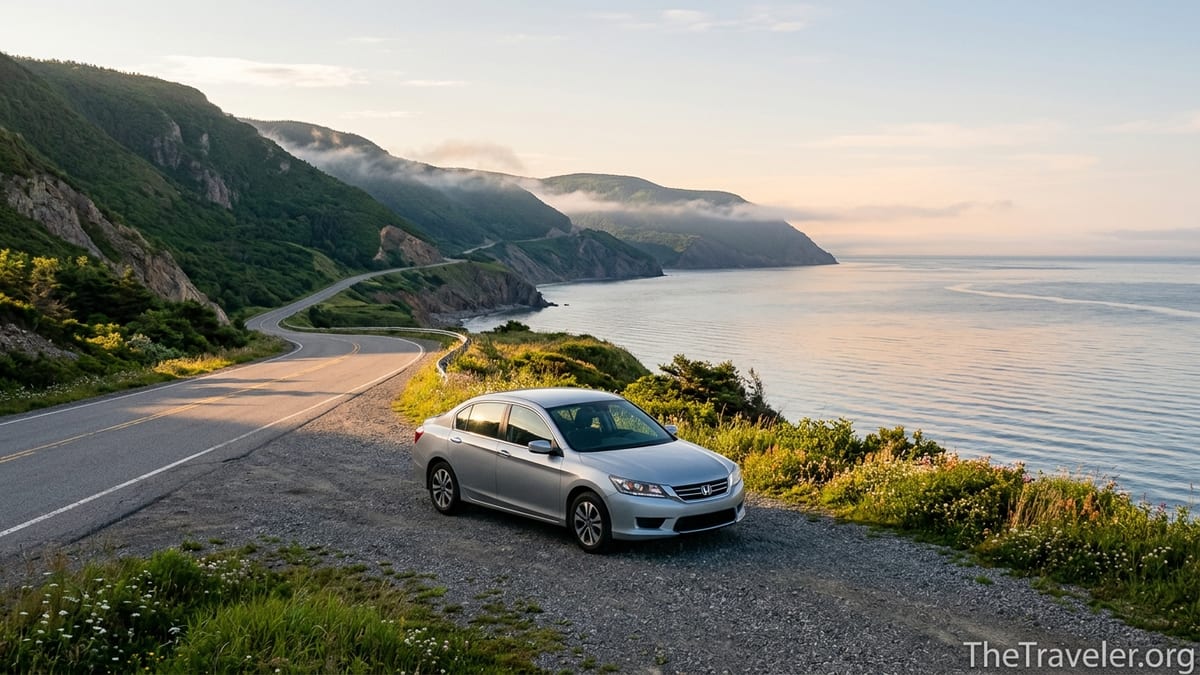 Coastal highway lookout on Cape Breton’s Cabot Trail at sunrise with a single car parked above the ocean.
