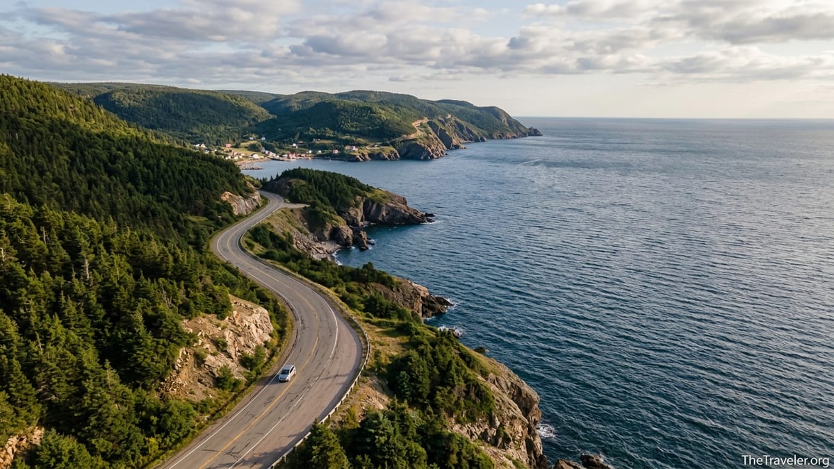 A car drives the Cabot Trail along forested sea cliffs in Atlantic Canada on a sunny summer day.