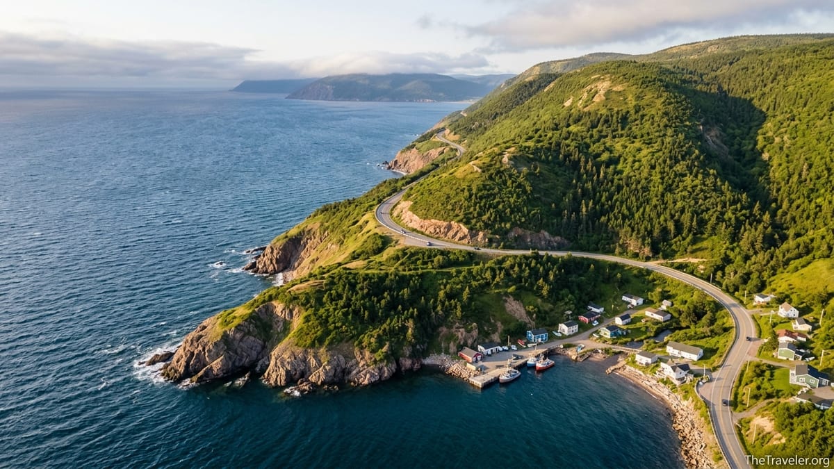 Aerial view of the Cabot Trail winding along steep green cliffs above the Atlantic Ocean at sunset.