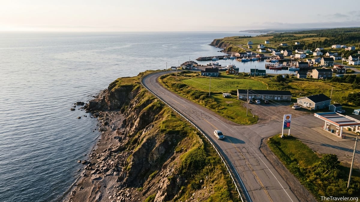Aerial view of an Atlantic Canada coastal highway with a car, village and harbor at sunset.