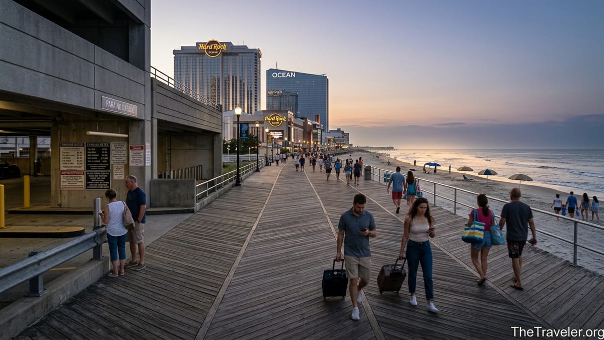 Early evening view of Atlantic City boardwalk with casinos, beach and visitors arriving.