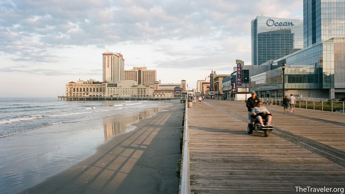 Sunrise view of Atlantic City Boardwalk and casino skyline from the beach