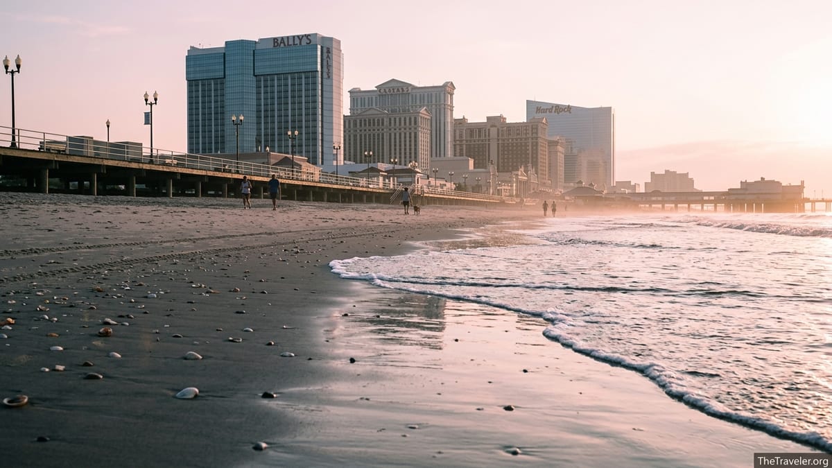 Sunrise over Atlantic City beach with casinos and Boardwalk in the background