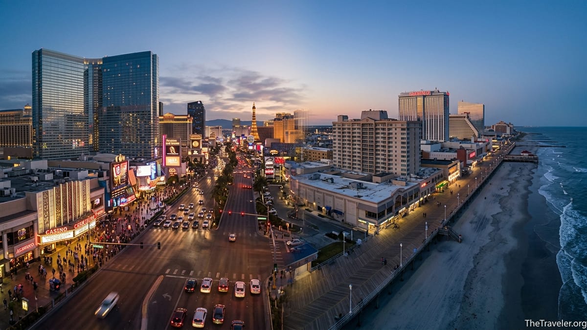 Aerial dusk view contrasting the bright Las Vegas Strip with Atlantic City’s casinos and Boardwalk by the ocean.