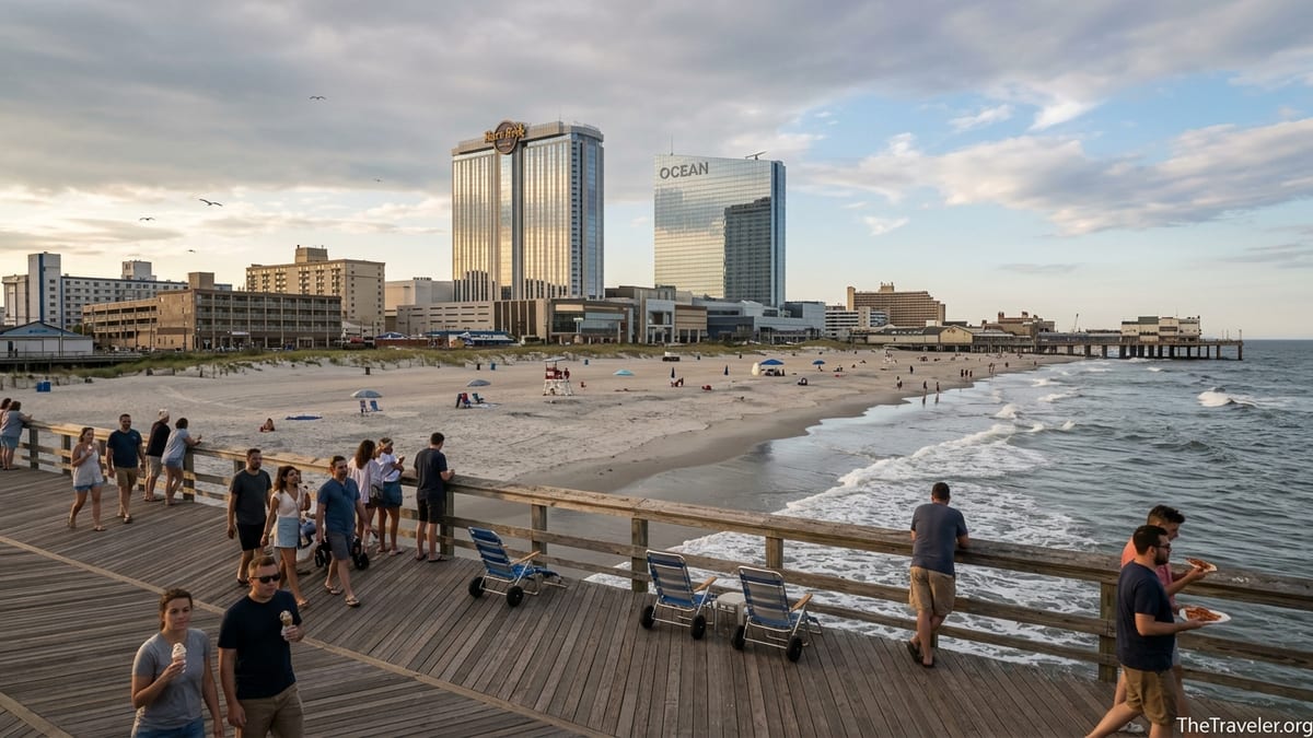 Late afternoon view of Atlantic City boardwalk and beach with casino towers and strolling visitors.