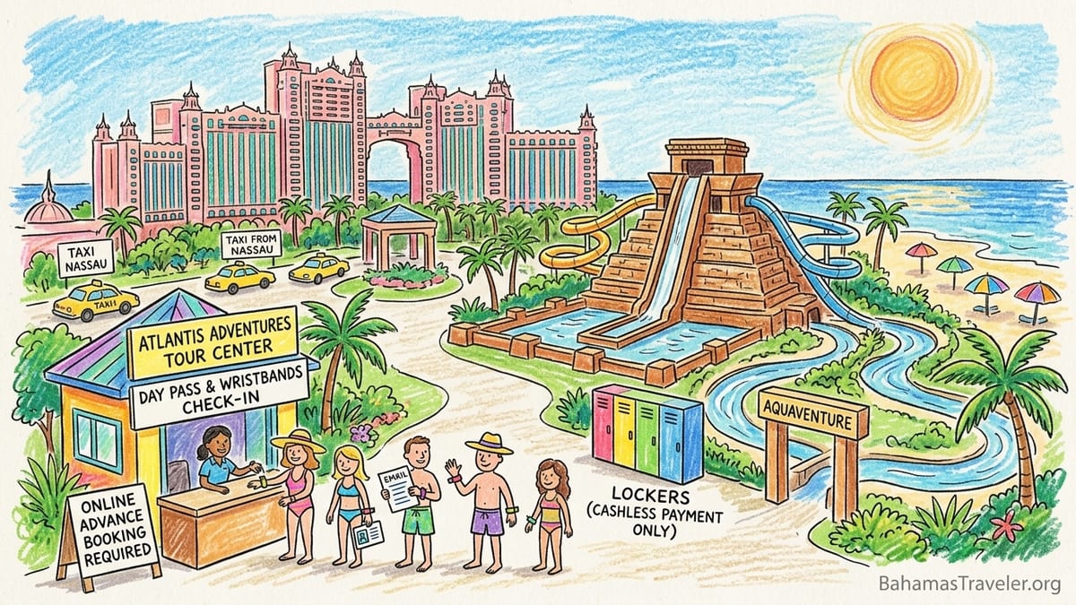 Day visitors walking toward Aquaventure at Atlantis Paradise Island on a sunny Bahamas morning.