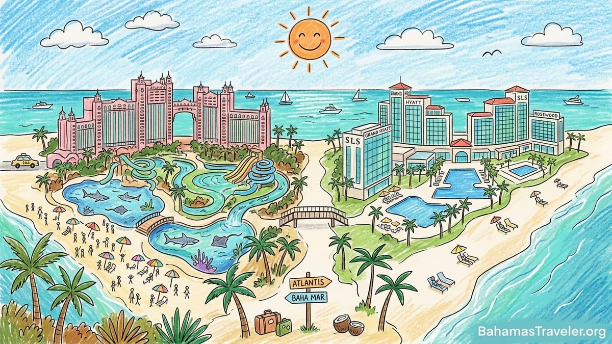 Side-by-side Nassau resort mood: Atlantis pink towers and Baha Mar beachfront hotels behind a family walking toward the water