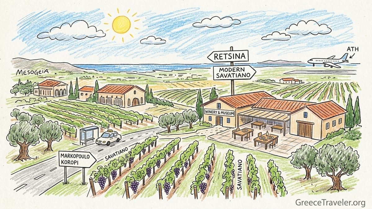 Outdoor Savatiano tasting in Mesogeia vineyards near Athens with glasses, bottle, and meze on a wooden table.
