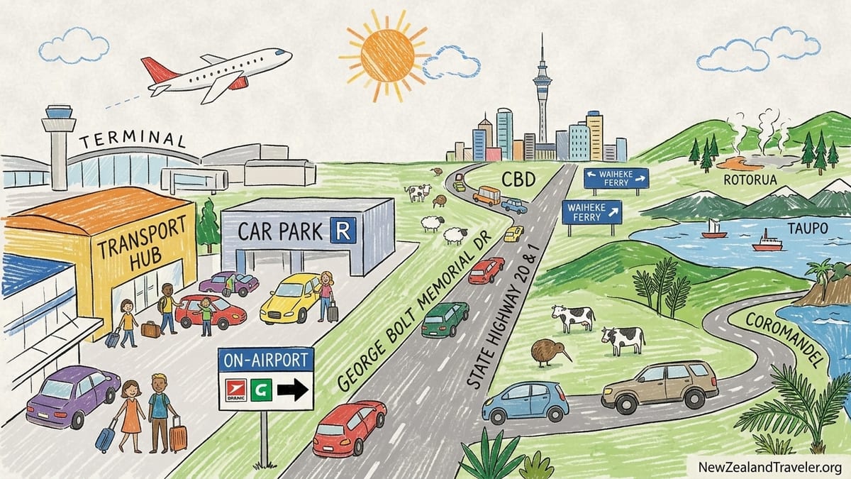Travellers collecting rental cars outside Auckland Airport’s international terminal at sunrise.