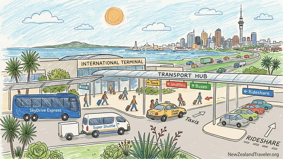 Travelers at Auckland Airport transport hub choosing between SkyDrive bus, taxis and rideshare cars.
