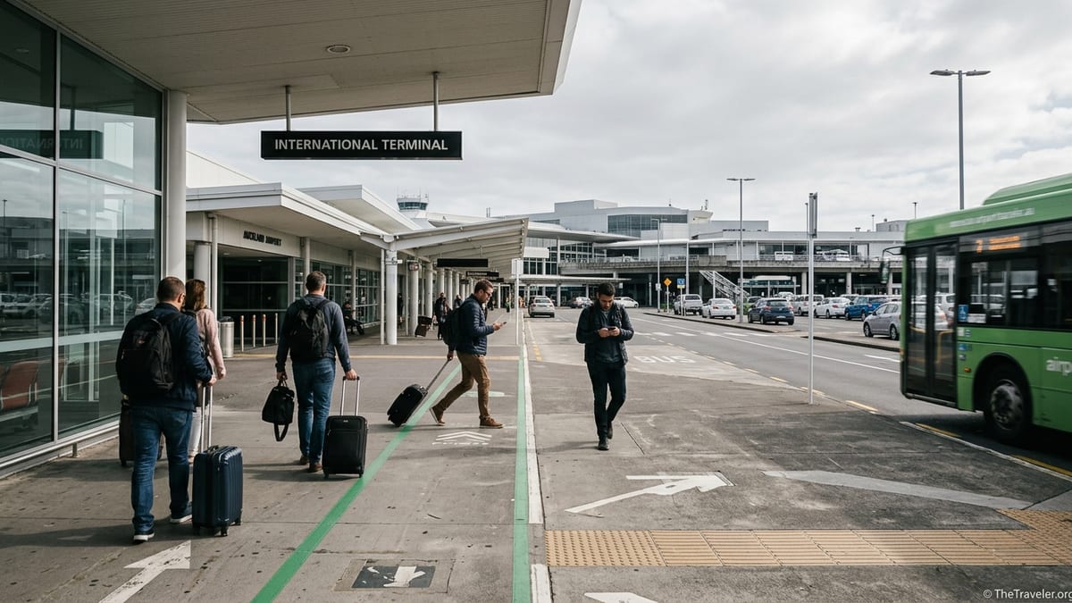 Travellers walking along the green line path between Auckland Airport domestic and international terminals.