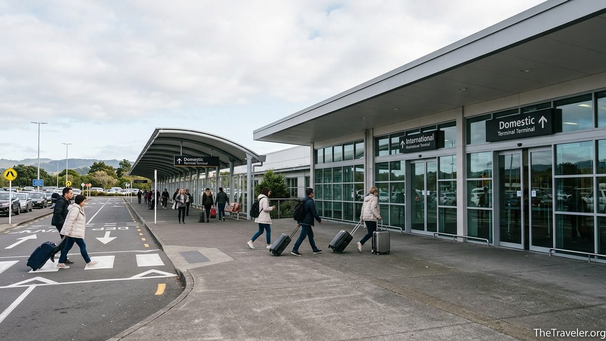Travellers walking between Auckland Airport’s domestic and international terminals on a signposted outdoor path.