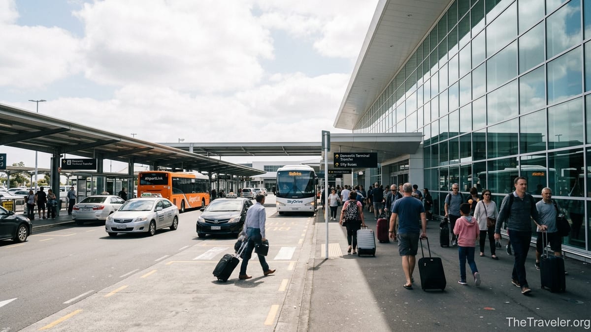 Arriving travelers outside Auckland Airport’s international terminal near buses and taxis.