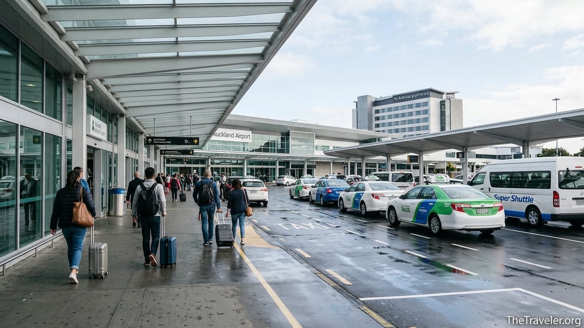 Travelers with luggage walking to taxis at Auckland Airport transport pickup zone.