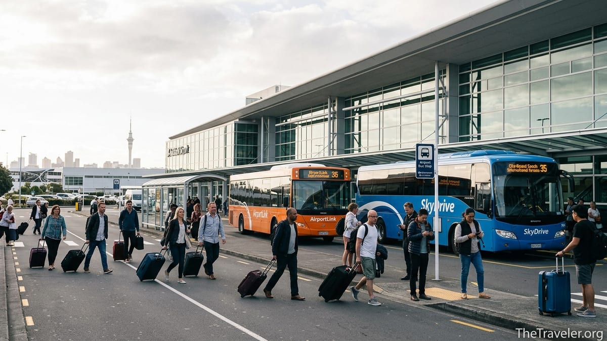 Travelers with luggage boarding airport buses outside Auckland Airport terminal in daylight