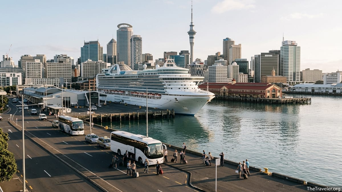 Cruise ship docked on Auckland waterfront near city skyline and airport transfer coaches.
