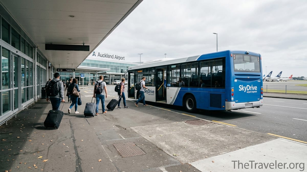 SkyDrive bus picking up passengers with luggage outside Auckland Airport terminal.