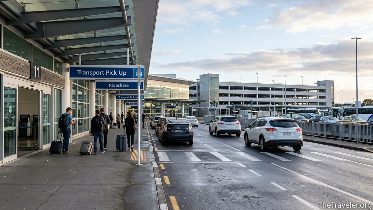 Travellers walking from Auckland Airport international terminal to the Door 11 rideshare pickup zone.