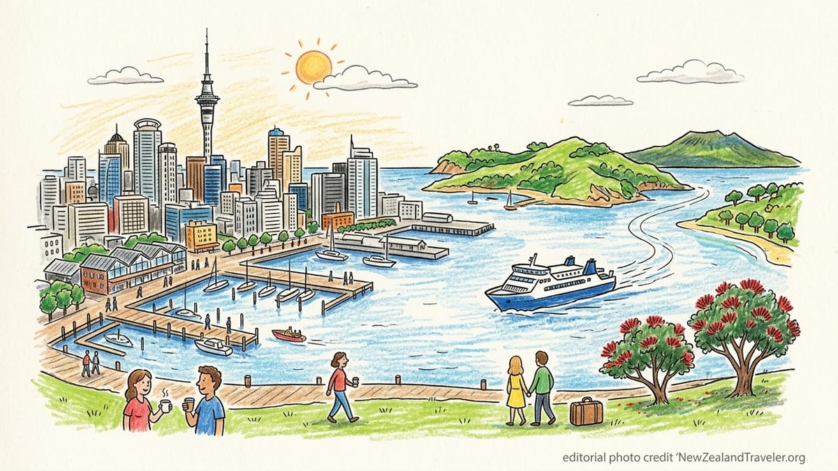 Auckland CBD skyline and harbour with ferries heading toward the islands at sunset.