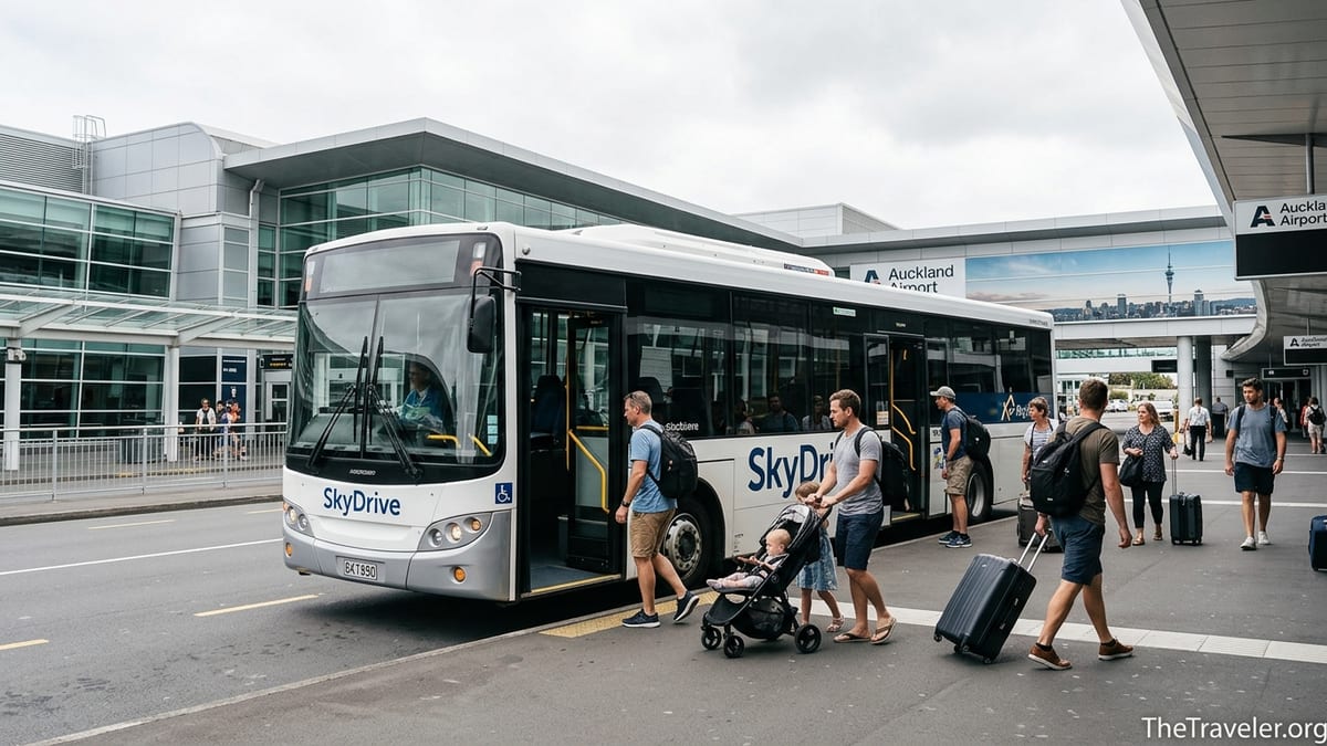 SkyDrive airport bus picking up passengers at Auckland Airport transport hub in daylight.